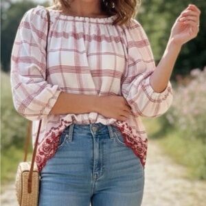 Ali Miles Plaid Blouse with Red and White Pattern